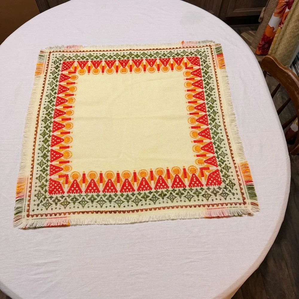 Vintage MCM Retro Woven Table Topper Wall Hanging Geometric Orange Green 30x30